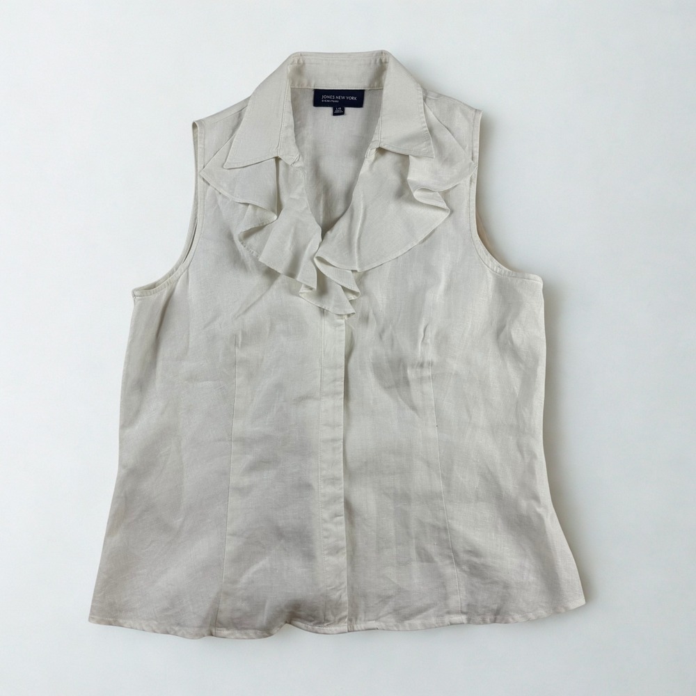Summer Linen Ruffle‎ Blouse Womens L White Sleeveless Classic Top Jones New York